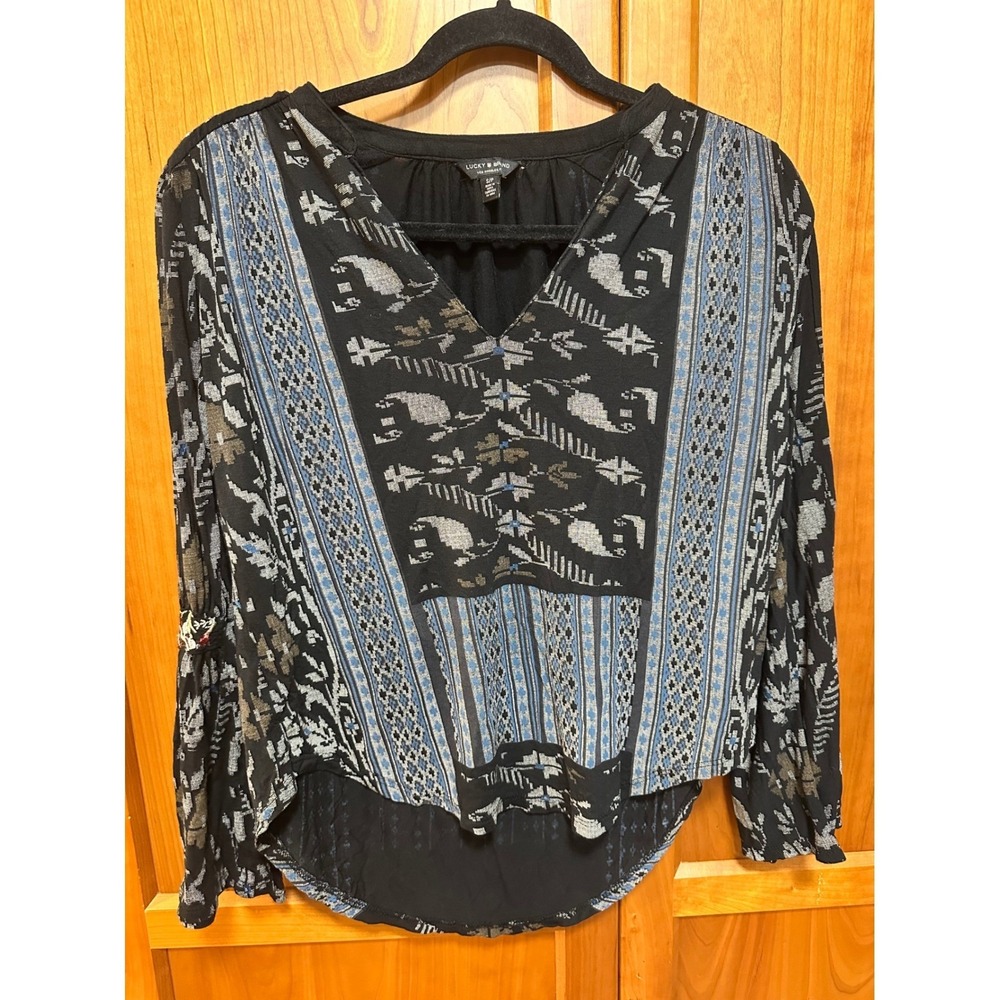 Lucky Brand Womens Mixed Print Embroidered‎ V-Neck Peasant Blouse Black Small